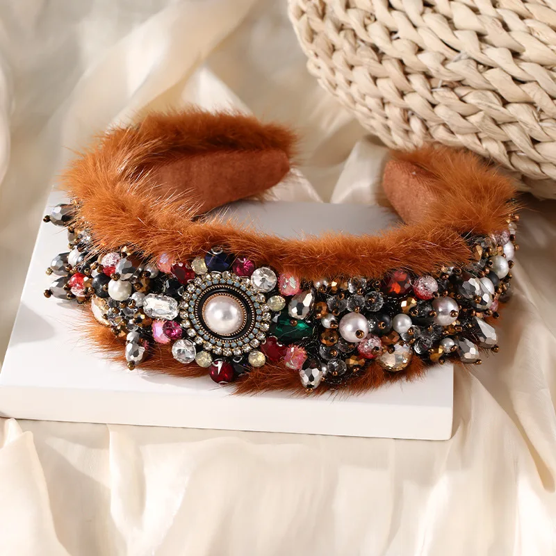 New Baroque Rhinestone Mink Fleece Headband Hairbands For Women Crystal Rhinestone Hairband Headband Girls Hair Accessories