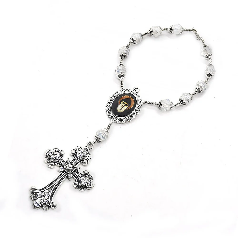 Fashion Restore Crystal Beaded Cross Pendant Rosary Bracelets Catholic Christian Religious Belief Prayer Men Women Jewelry Gifts