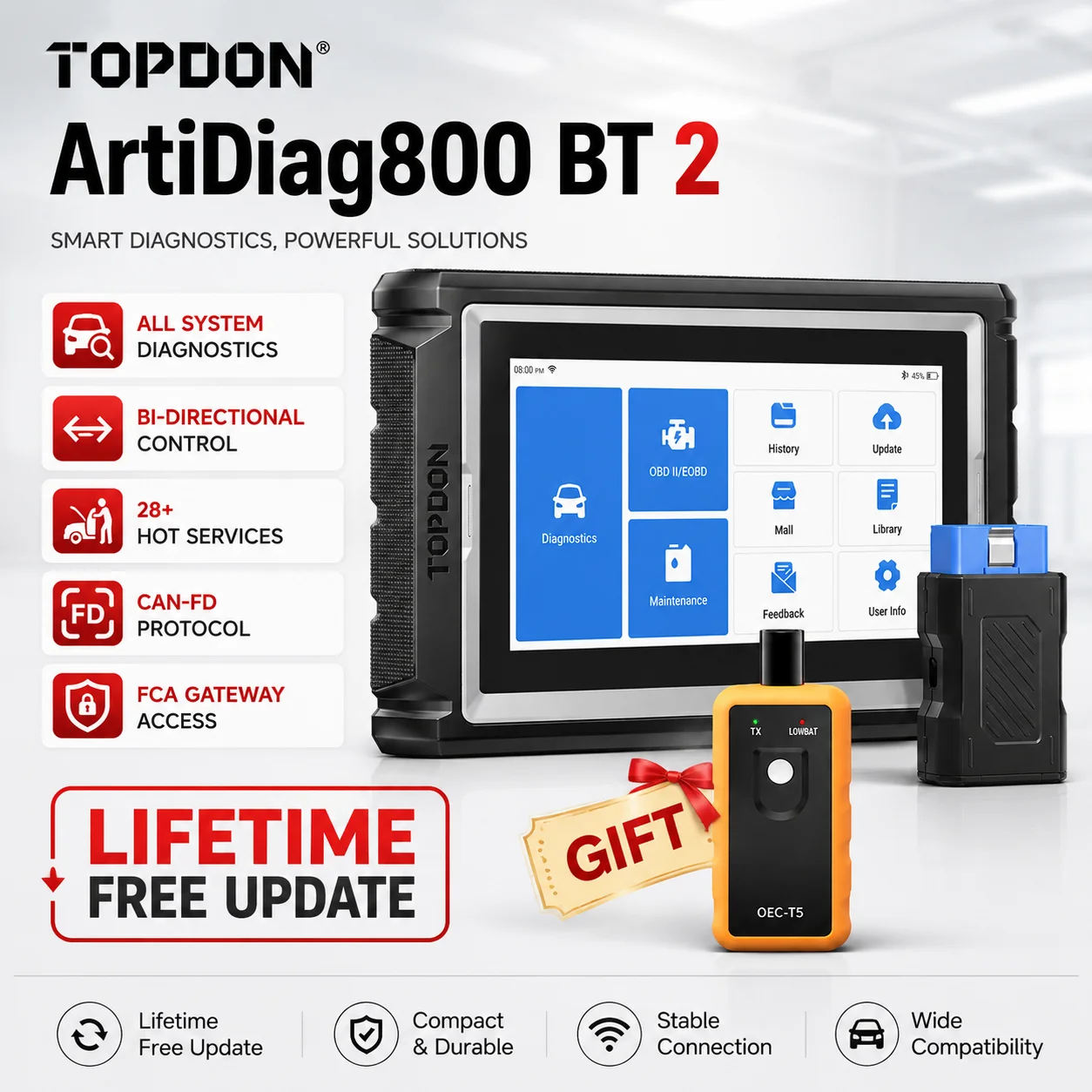 TOPDON Lebenslang Kostenlose Updates Artidiag800 BT 2 OBD2 Scanner Alle Systeme Auto-Diagnosegerät 28+ Servicefunktionen Aktiver Testscanner Diagnosescanner FCA Gateway