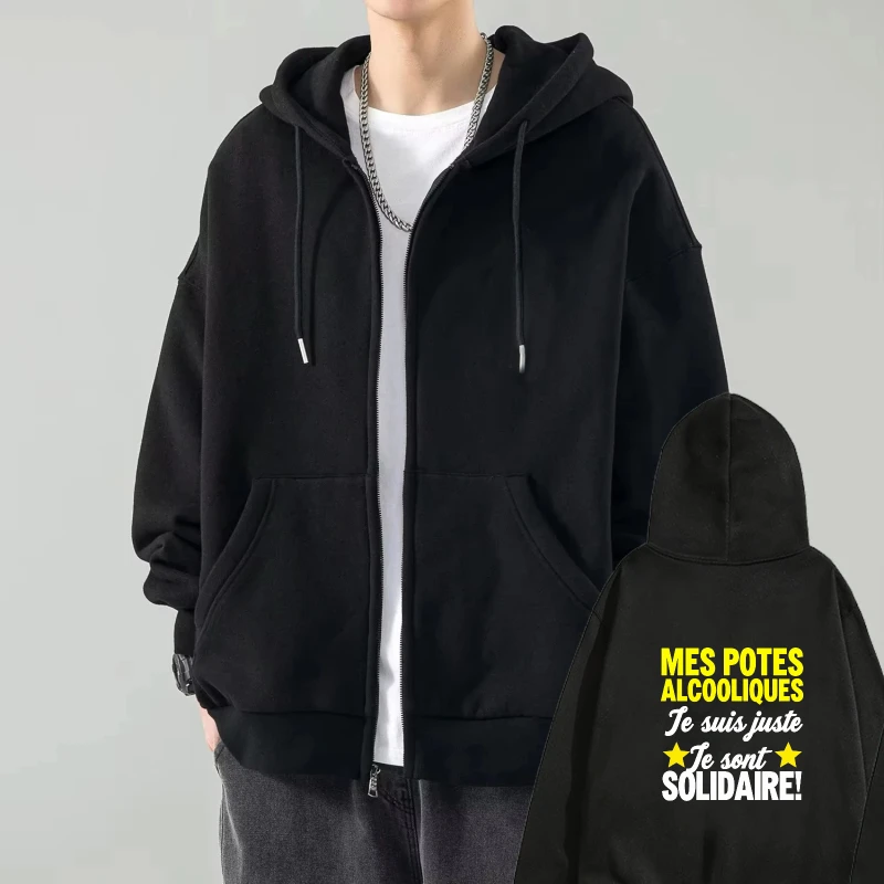 

Mens Hooded Jacket Black Printed Funny French Text Solidarity Statement Casual Streetwear For Daily Wear Party Outing