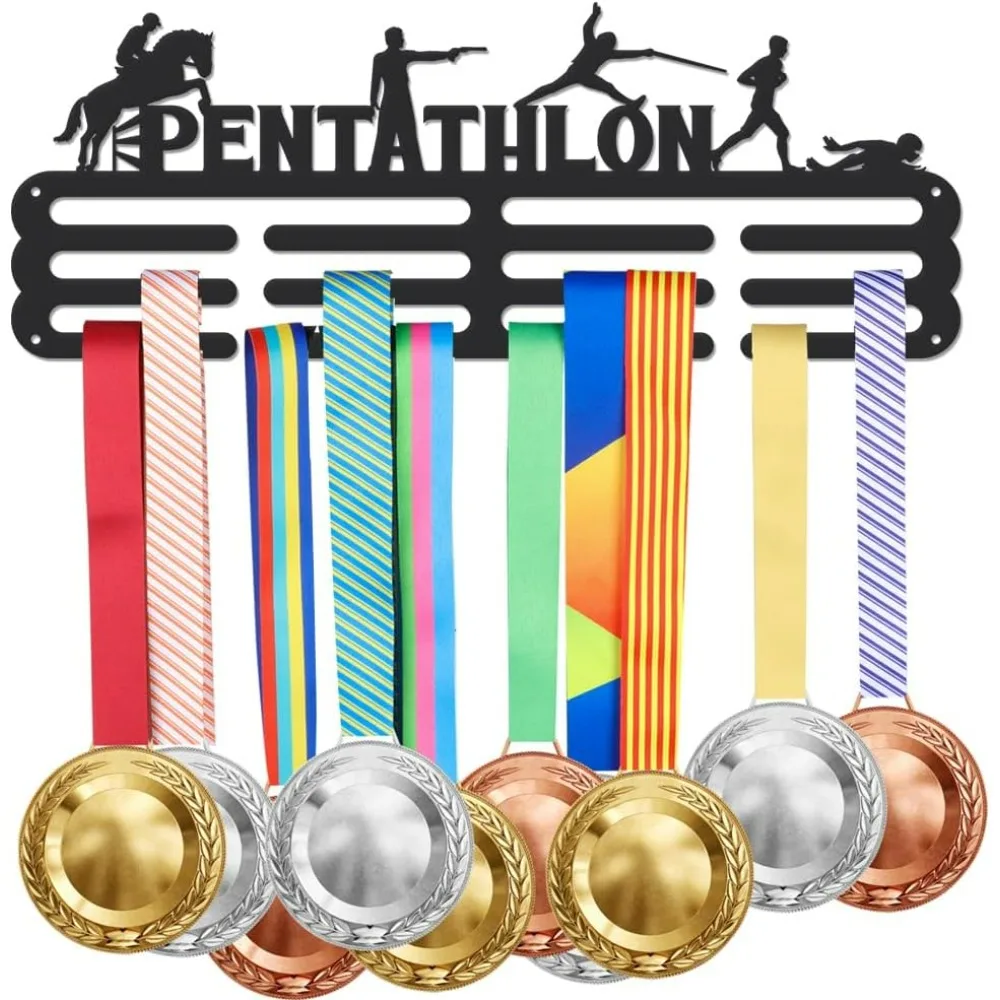 

Pentathlon Medal Hanger Display Sports Race Medals Holder Rack Shooting Fencing Swimming Riding Running Wall Mount Iron