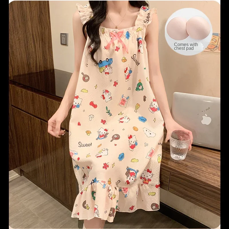 Sanrio New Hello Kitty Sleeveless Strap Pajamas with Chest Pad Women\'s Loose Western Style Sweet Cute Cartoon Homewear Dress