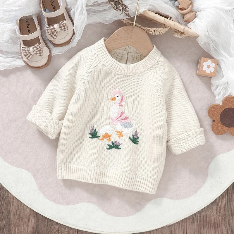 

Осень-зима 2022, свитер для маленьких мальчиков и девочек, милый вязаный пуловер с вышивкой утки для малышей, детские вязаные топы, одежда