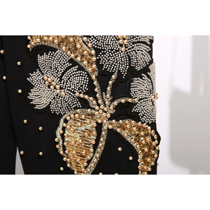 Manual Beaded Sequin Flowers Women Knitted Tracksuit Set Loose Black Pullover Sweater Long Pants Knit Two Piece Outfits Female