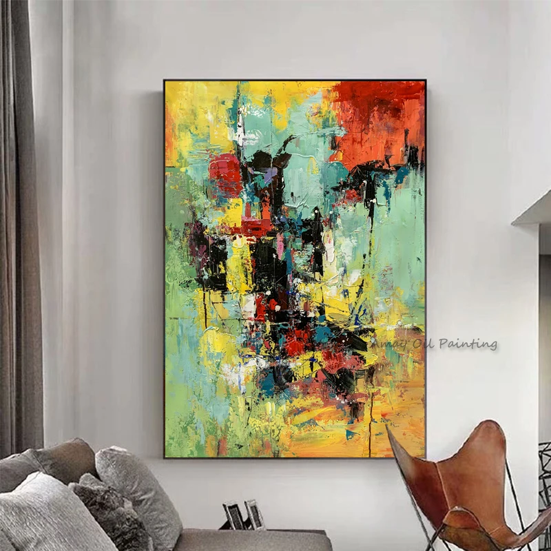 Handpainted Modern Wall Paintings Thick Impasto Color Block Oil Painting Palette Knife Bold Multicolor Vertical Canvas Home Deco