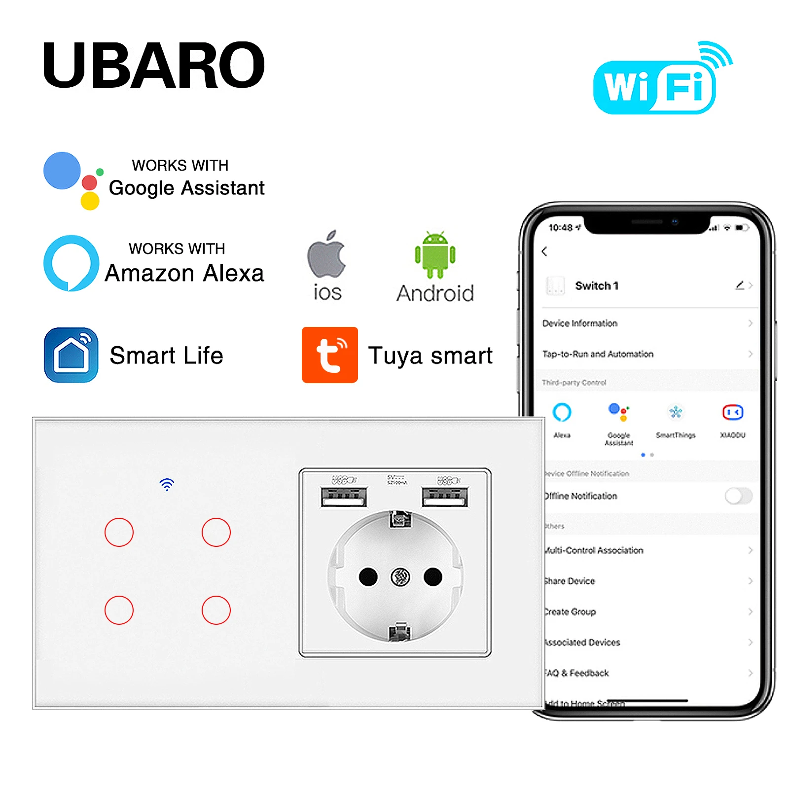 UBARO EU Smart Home Wifi Touch Switch Glass Panel Work Google Home Alexa Voice Tuya Smart Life Application Remote 4-gang Button