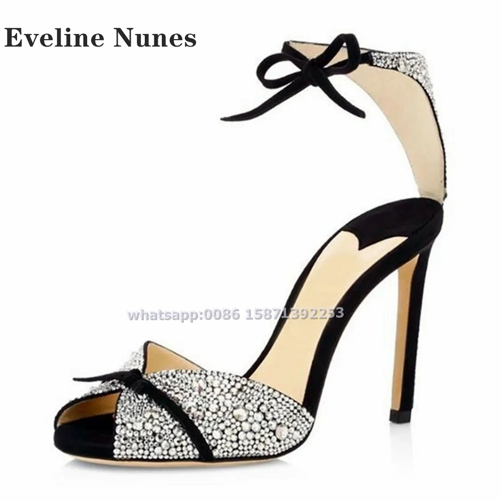 Strik Strass Enkelbandje Sandalen Peep Toe Stiletto Side Air Luxe Sexy Vrouwen Party Hakken Glanzende Jurk Schoenen 2024 Zomer Trend