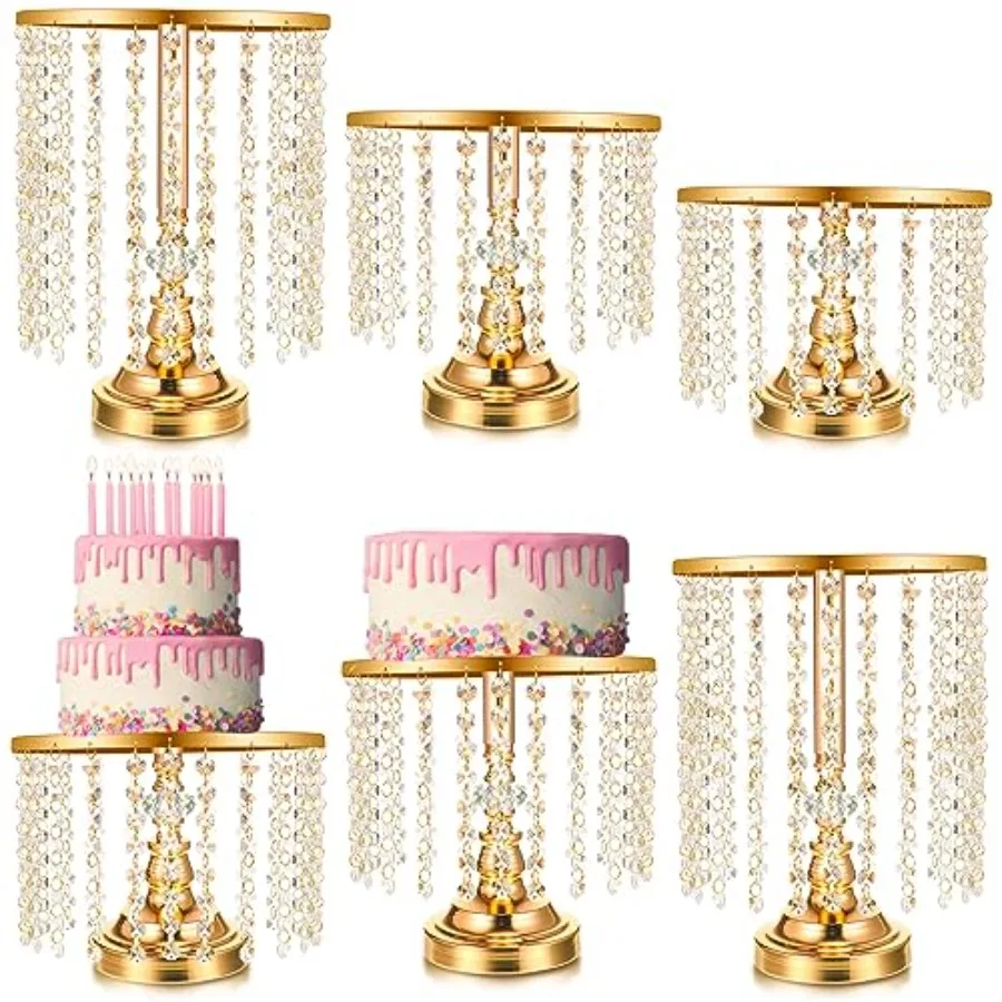 6 Pcs Cake Stand with Crystals for Party, Gold Stainless Steel, Elegant Gold Finish, Sturdy and Stylish Display