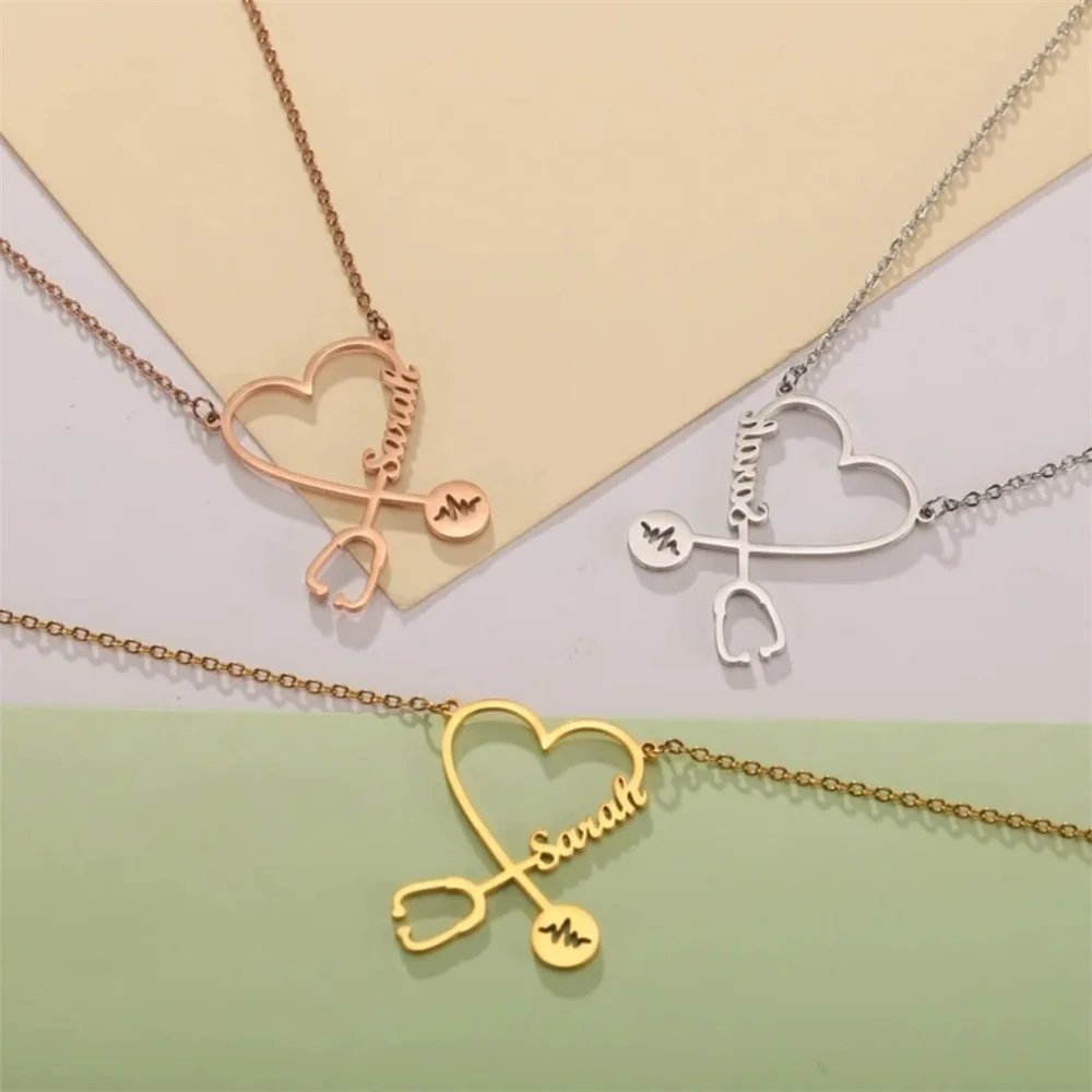 Custom Name Stethoscope Necklace Personalize Stainless Steel Heart Shaped Choker Chain Doctor Medical Jewelry Nurse Gift