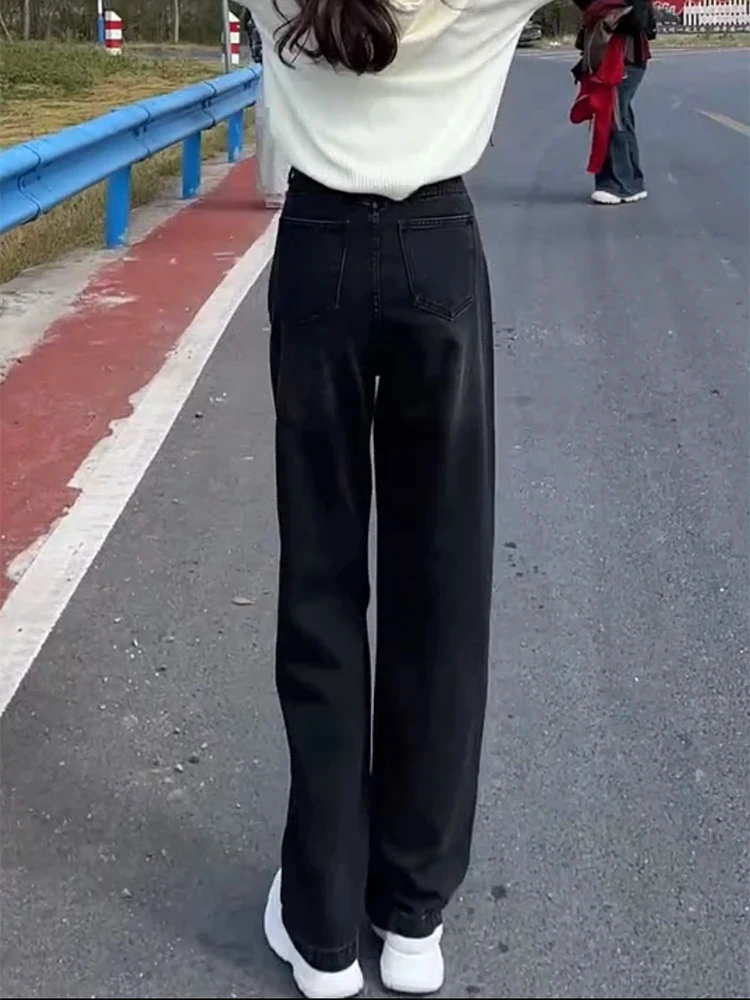 하이웨이스트 안감 슬림핏 스트레이트 레그 청바지 여성용 겨울 신상 슬레 플러스 사이즈 와이드 레그 팬츠 트렌디 블랙 데님