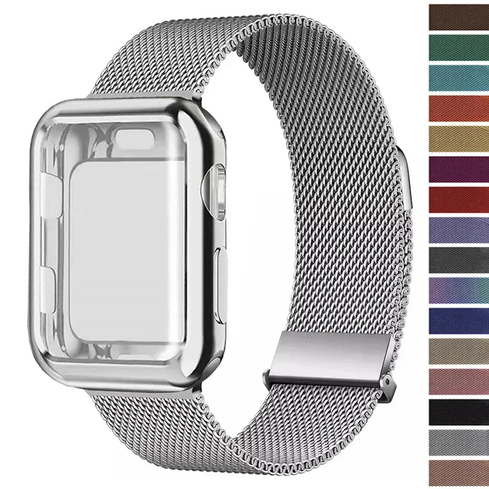 アップルウォッチバンド用ミラネーゼループとケース、メタル磁気バンド、iwatchシリーズ9、8、7、6、5、4、3、seストラップ、45mm、44mm、38mm, 42mm, 41mm, 40mm