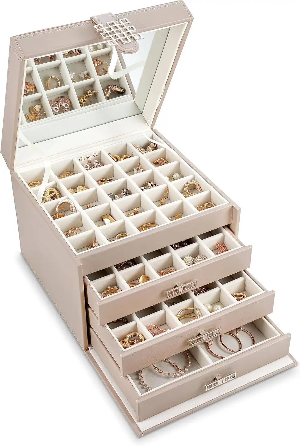 

Elegant Jewelry Organizer with 79 Compartments, Mirror, Drawer & PU Leather Case - Sand Color