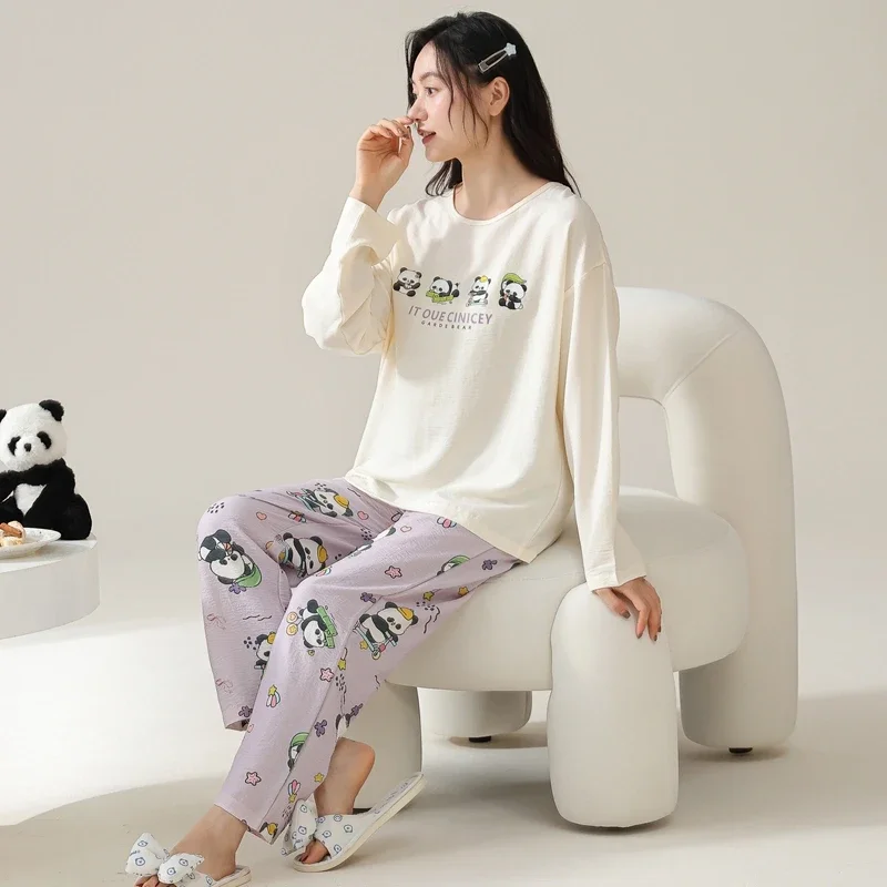 Cartoon Panda Womens Pajamas Sets Autumn Winter Long Sleeves Long Pants Cute Sleepwear Kawaii Pijamas Cozy Pyjamas Soft Girl Pjs