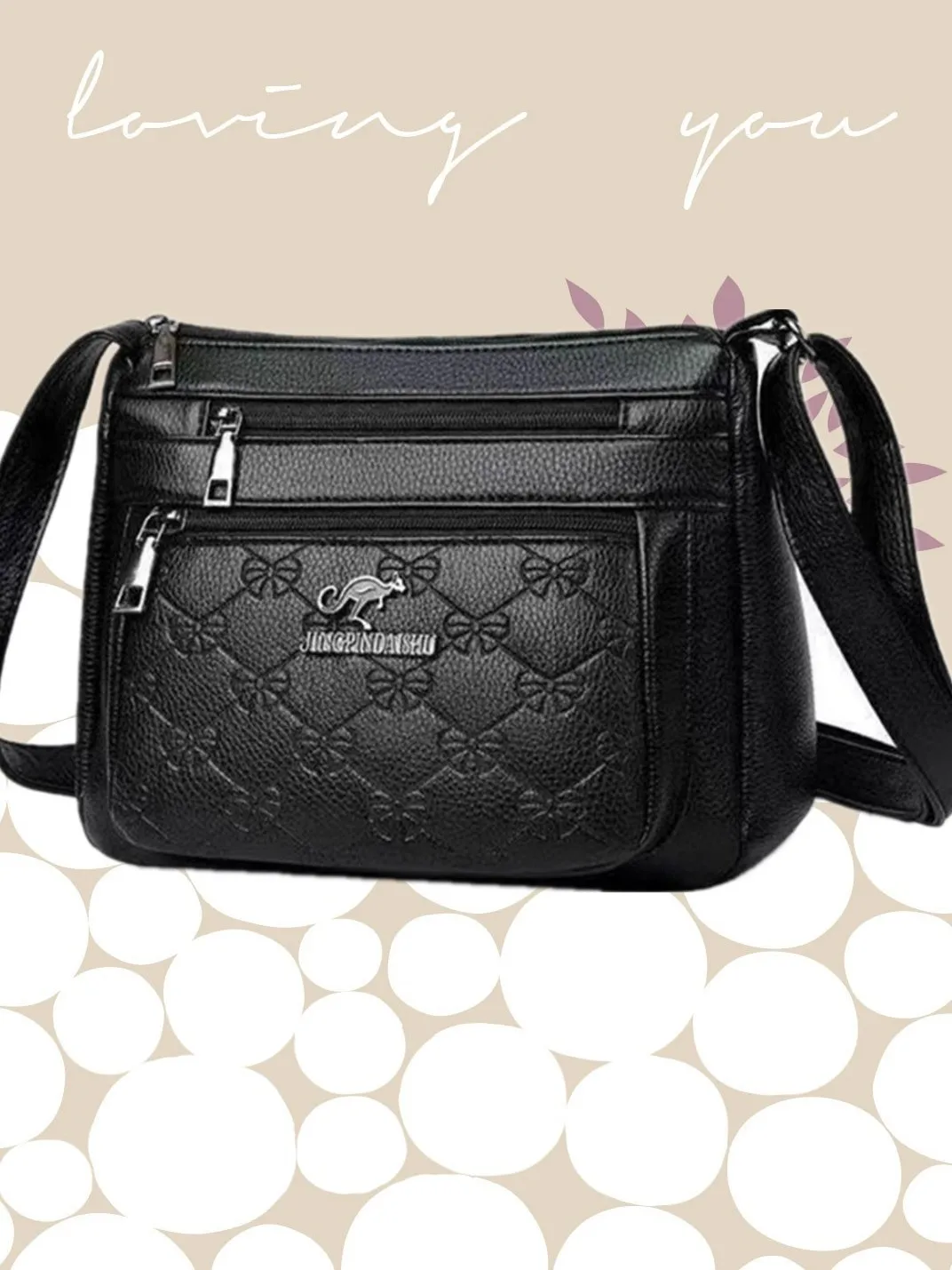 Damen Crossbody-Handtasche aus PU-Leder, große Kapazität, mit mehreren Fächern, schwarze geprägte Umhängetasche für Ausflüge und Partys – Detail 7