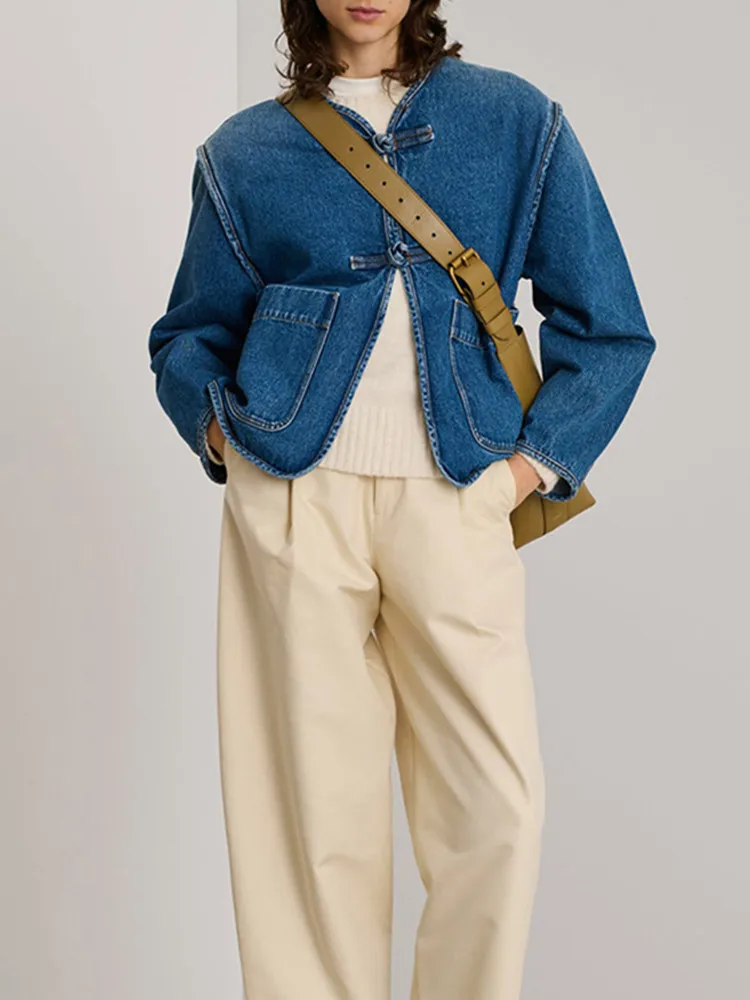 Chaqueta adelgazante con silueta vaquera para mujer, abrigo sencillo de manga larga con bolsillos, color azul, otoño 2025