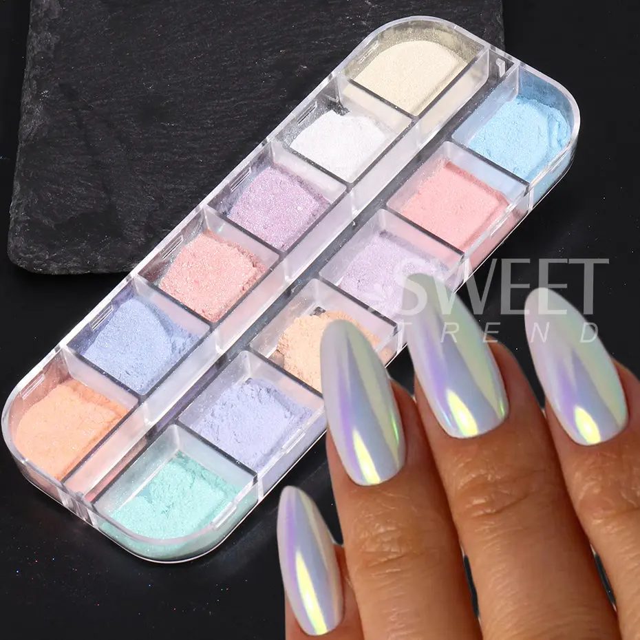 12 Colors Aurora Powder Nail Glitter Pigment Mirror White Iridescent Fairy Fine Chrome Reflective Rubbing On Dust Manicure Decor