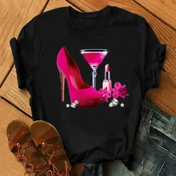 100% COTTON Women's Top Women's High Heels Wine Glass White Print Large Size Summer T-shirt Graphic T Shirts  Oversized Tshirt