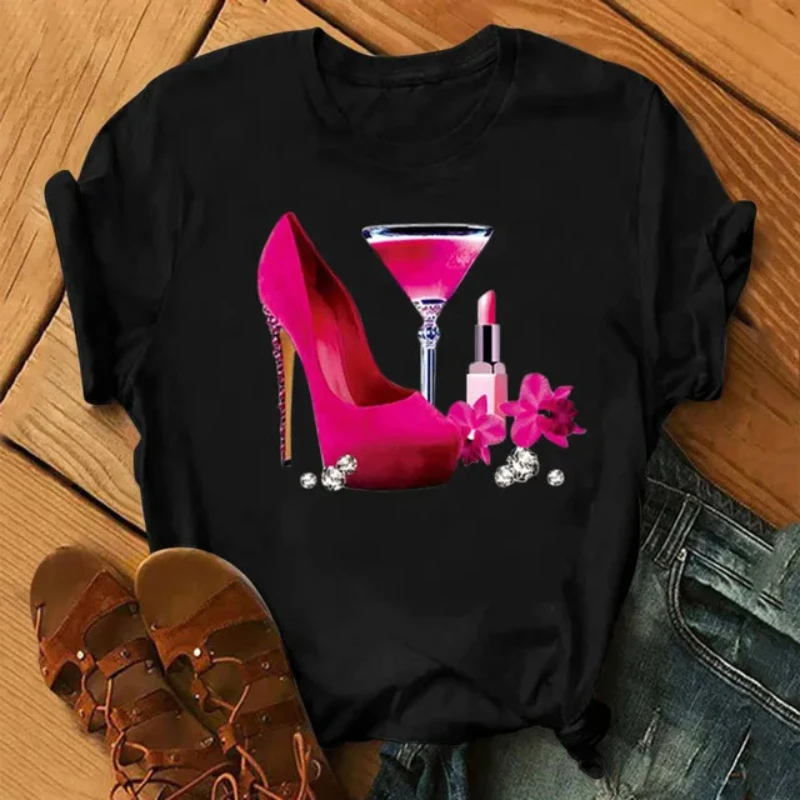 100% Bawełna Top damski Wysokie obcasy damskie Kieliszek do wina Biały nadruk Duży rozmiar Letnia koszulka Graficzne koszulki Oversize Tshirt