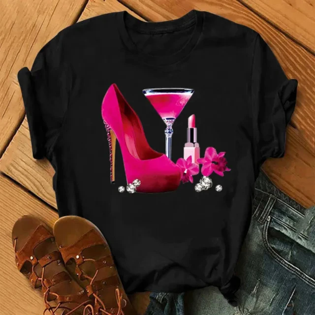 100% Bawełna Top damski Wysokie obcasy damskie Kieliszek do wina Biały nadruk Duży rozmiar Letnia koszulka Graficzne koszulki Oversize Tshirt