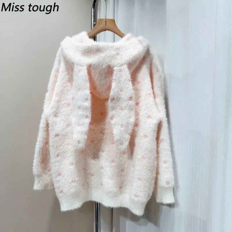 Christmas Kawaii Harajuku Knit Cardigan Women Bunny Ear Hooded Fur Polka Dot Print Loose Fit Daily Y2k Korean Fashion Outfit New