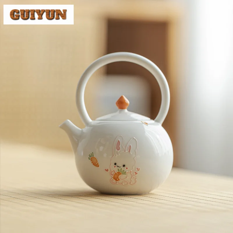 250ml Hand-painted Cute Rabbit Hoop Handle Teapot Jade Clay White Porcelain Pot Tea Making Kettle With Ball Hole Filter Teaset