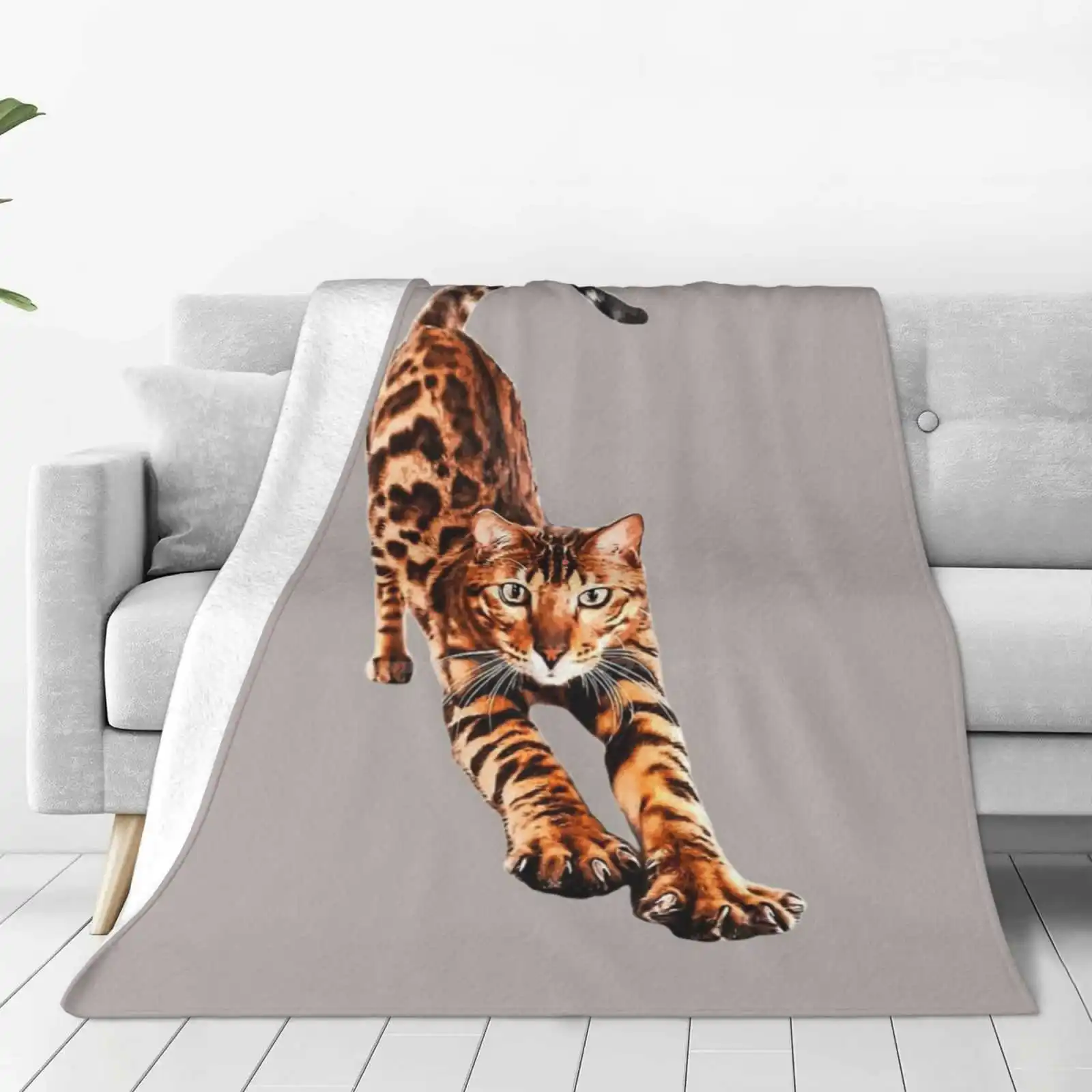 Bengal Cat Stretching New Selling Custom Print Flannel Soft Blanket Bengal Kitten Bengal Cats Leopard Spotted Bengal Rosetted