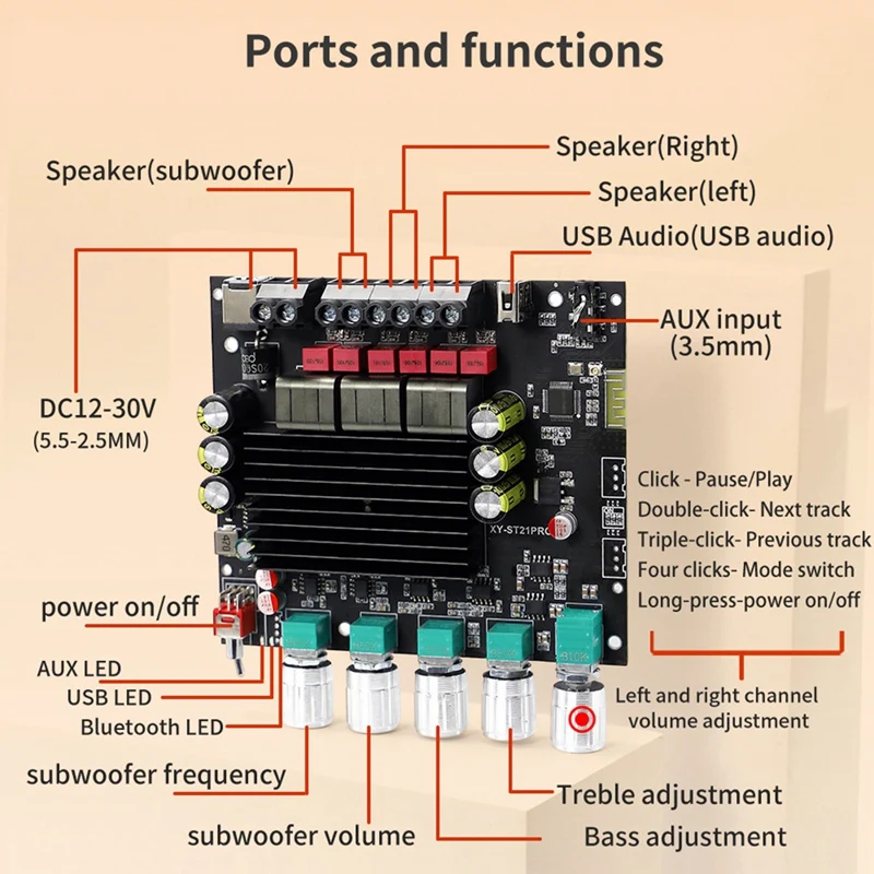 XY-ST21PRO Bluetooth Digital Power Amplifier Board 2.1 Channel 100Wx2+200W Subwoofer TPA3221 Exceeds 3116