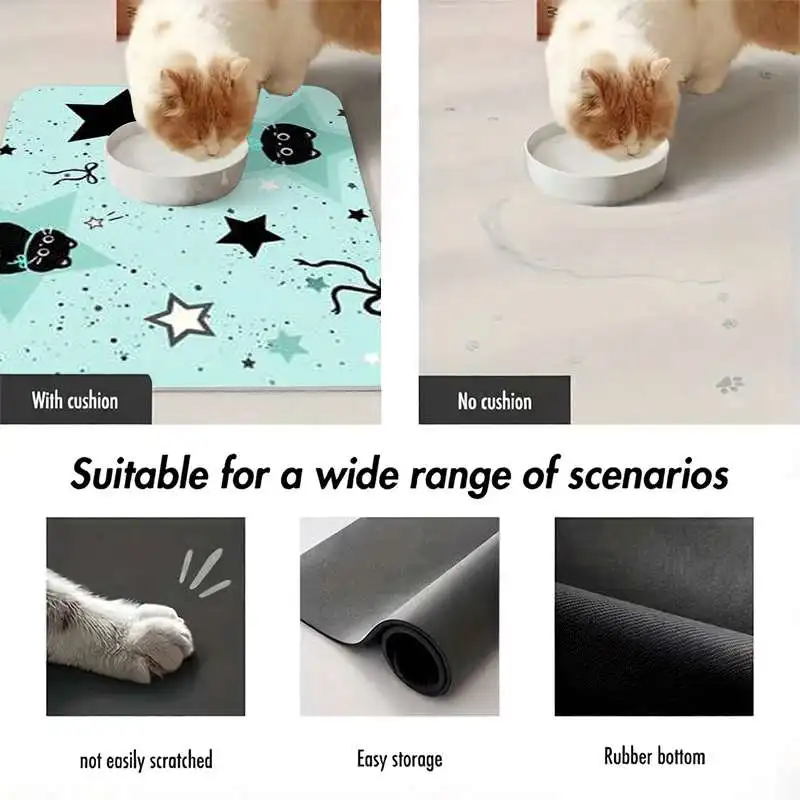 1pc Anti-Slip (Black Star Cat on Light Blue Background) Pet Feeding Mat, Cute Design, Leak-Proof And Easy-Clean