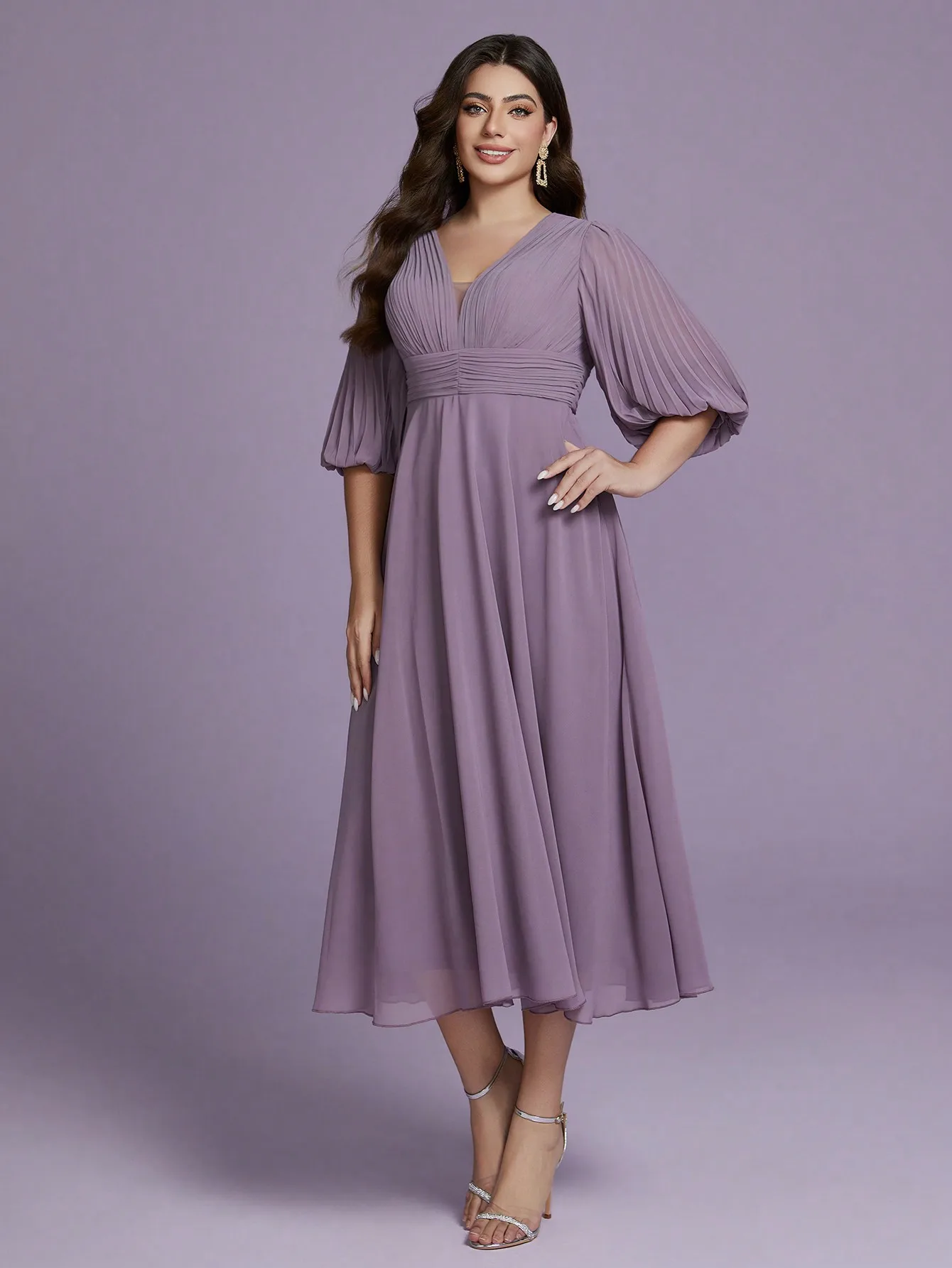 Immagine 6: Abito lungo in chiffon di seta Mgiacy Plus Size con scollo a V profondo e stampa solare, con orlo ampio e svasato