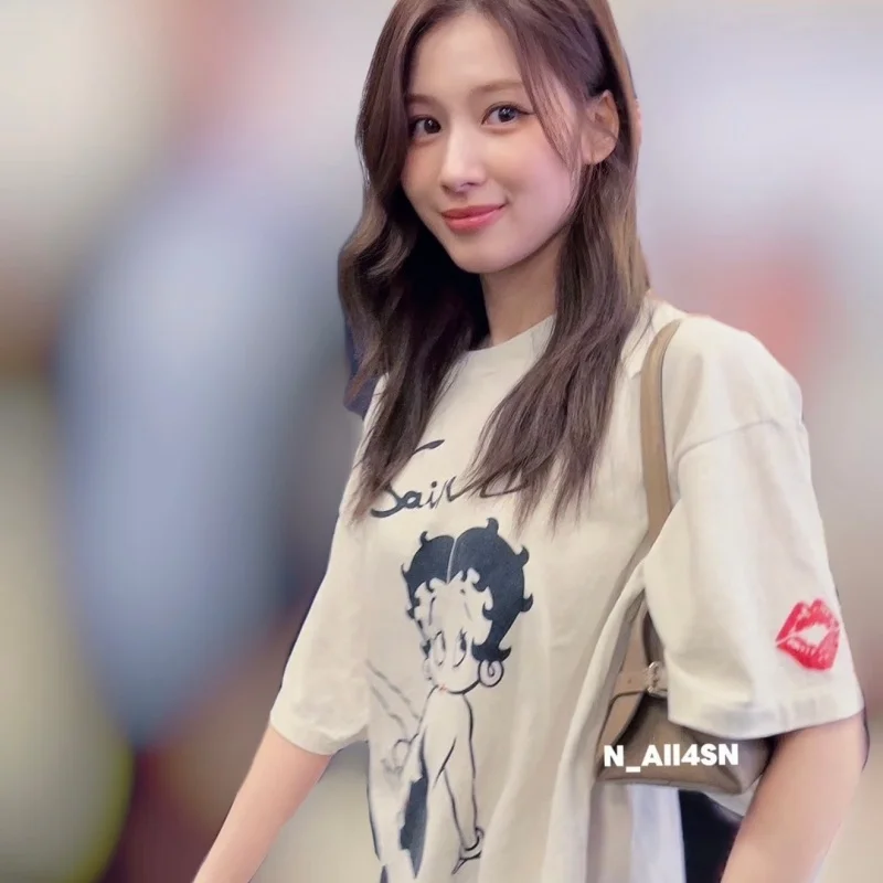Authentic SAINT Women's Cartoon Tee Off-White Crew Neck No Side Seams Fabric Washed Vintage Summer
