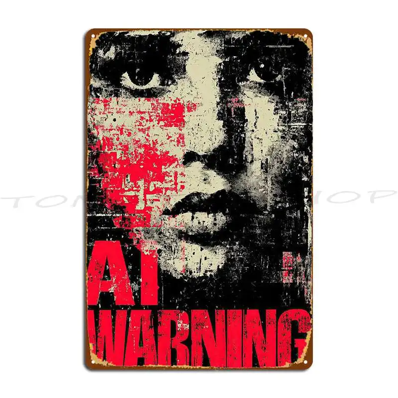 Distorted Face Portrait With Ai Warning Text Overlay  Metal Plaque Cinema Pub Pub Painting Personalized  Tin Sign Poster