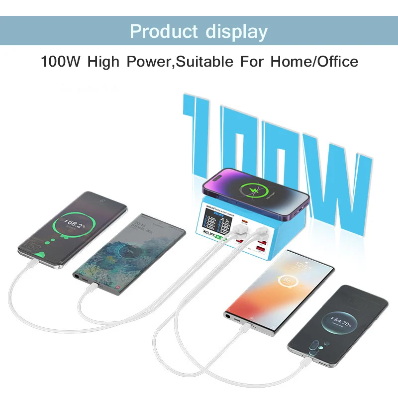 RELIFE RL-309AW Multifunction 8-port Charger Phones Tablets Wireless Fast Charging Digital Display Screen QC3.0 PD USB Charger