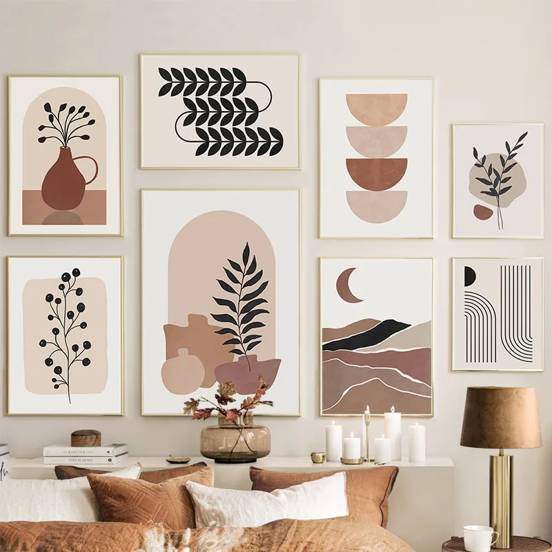Florero, hoja, luna, línea geométrica, cuadro sobre lienzo para pared, carteles abstractos e impresiones, imágenes de pared