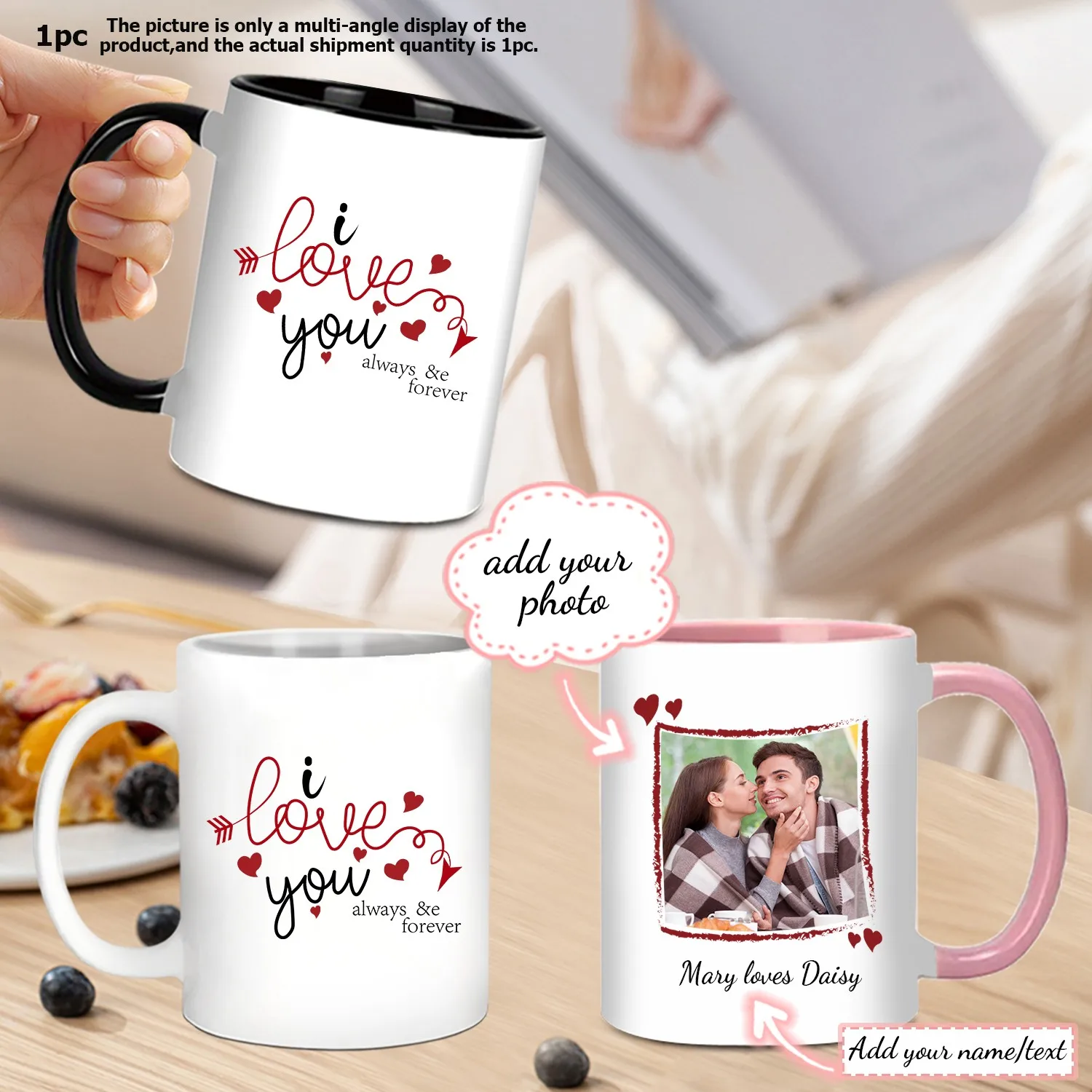 1pc 3D Print Customized Photo Ceramic Cups with Handgrip Romantic Words Party Mugs Water Cups Valentine's Day Gift for Wife