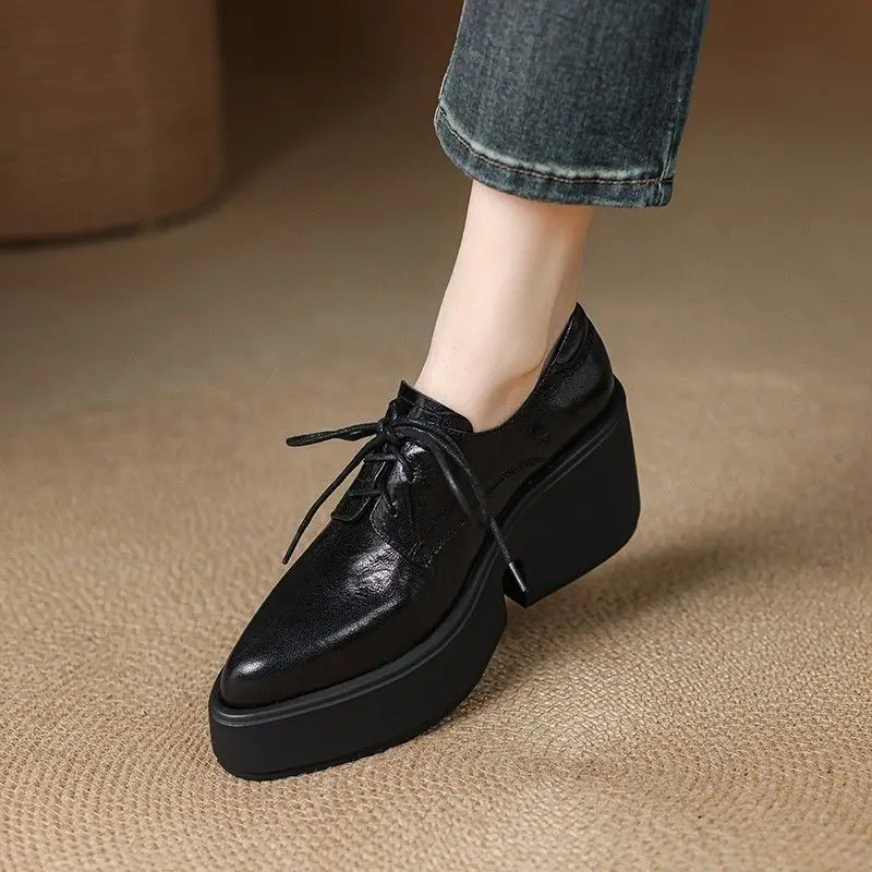

Fashion Women's French Style Loafers Soft Leather Thick Sole Platform Pointed Toe Lace-Up for Office and Work