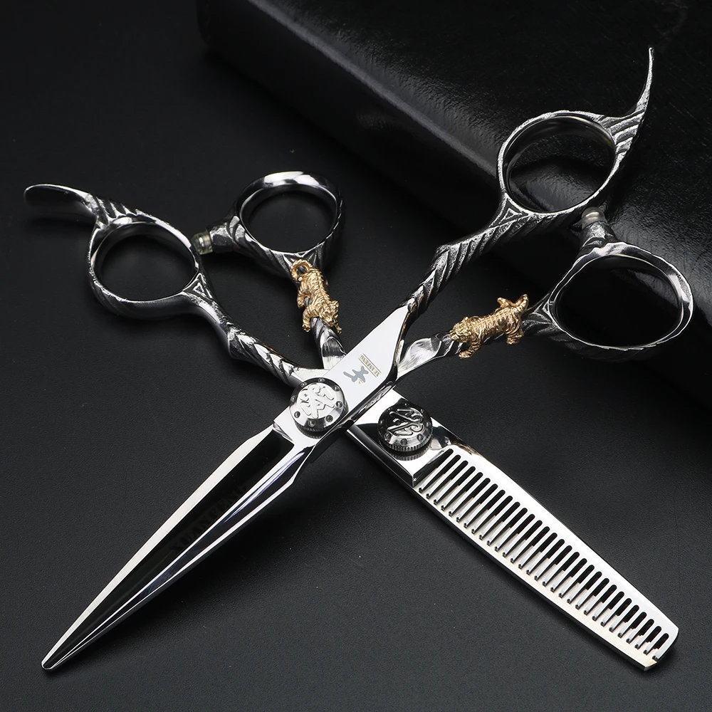 

XUANFENG 6-inch Golden Tiger Handle Hair Scissors Steel Barber Cutting Scissors and Thinning Scissors