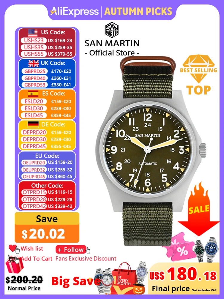 San Martin Pilot Watch 38mm NH35 Retro Military Automatic Mechanical Wristwatch Bead Blasted Case Waterproof 100m SN0137