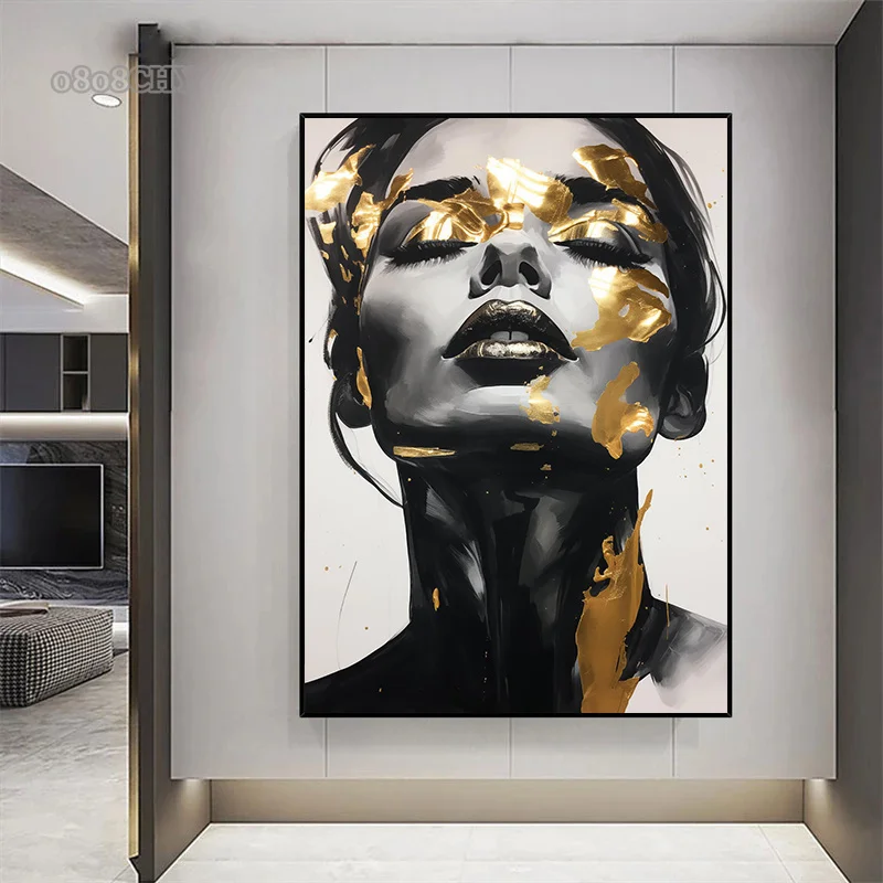 Moderne Diamantdruck-Kunst Gold Schwarz Frauenporträt Kunst Diamantmalerei Abstraktes Frauengesicht Poster Wandkunst Bild für Zuhause D