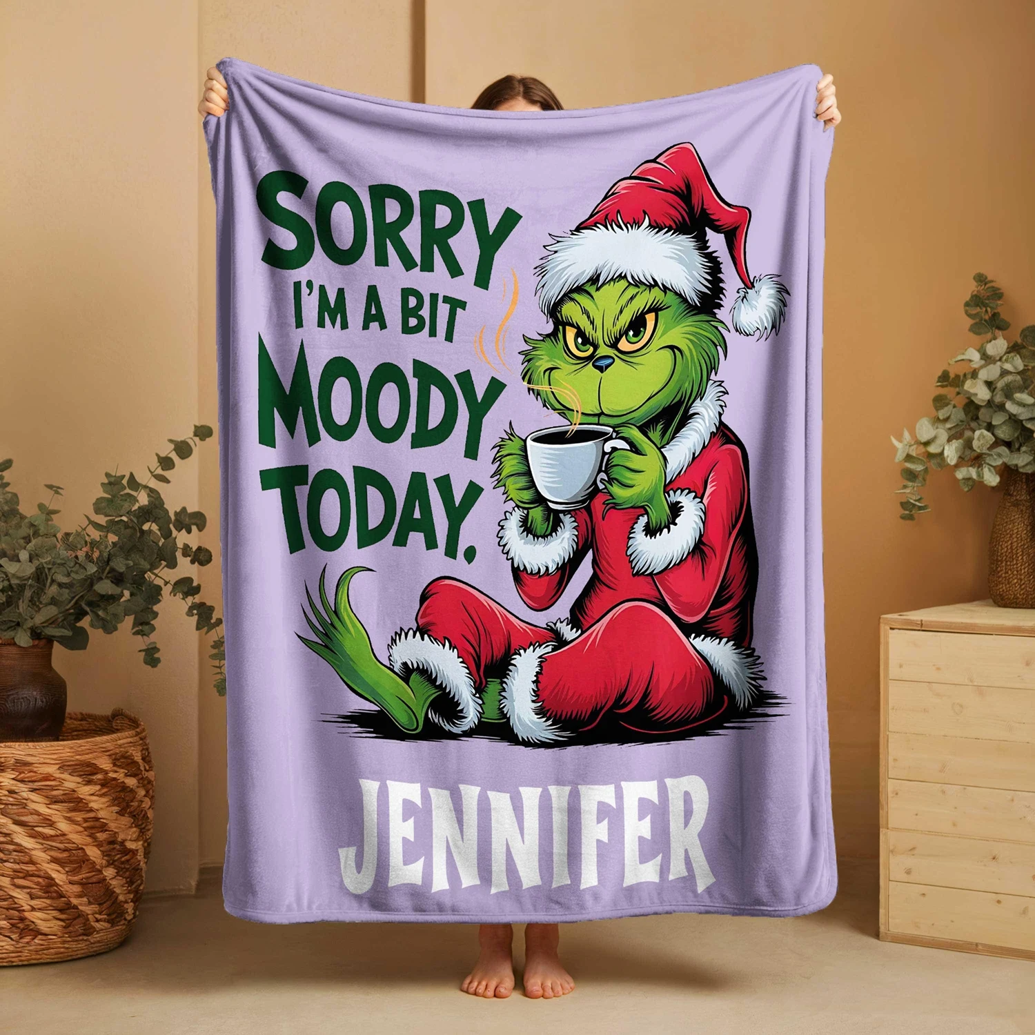Personalisierte Weihnachtsdecke mit individuellem Namen, superweiche, gemütliche Sofa-Decke mit Cartoon-Motiv, personalisierte lustige Wohndecke für Weihnachten – Detail 3