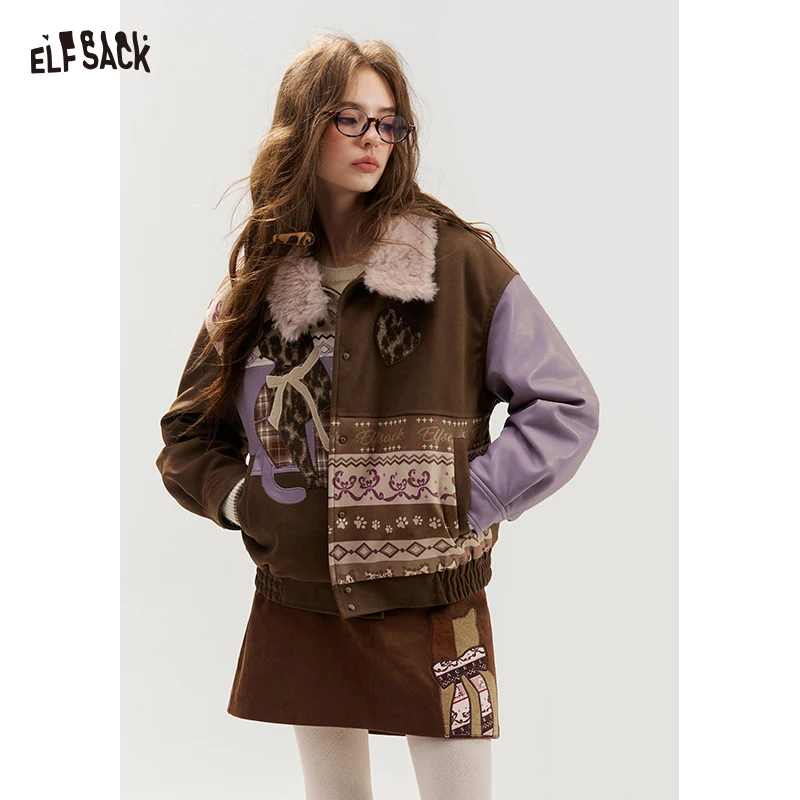 ELFSACK Women's Faux Leather Jacket with Heart Patch & Print, Curved Sleeve Winter Outerwear, Casual Contrast Coat