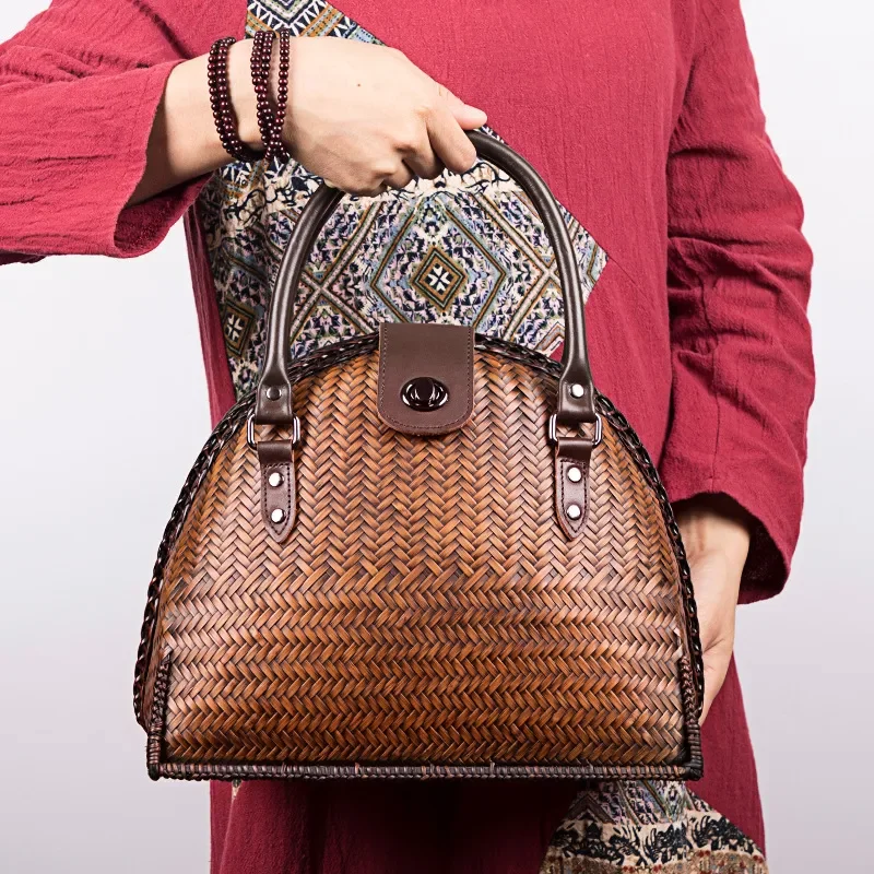 Japanese Bamboo Woven Handbag Portable Tea Set Storage Bag Unisex Fashion Office Tote Natural Handmade Shoulder Bag for Women