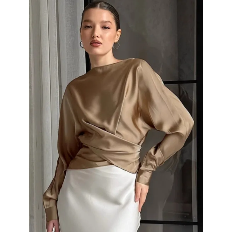 

Elegant Brown Satin Cross Blouse Woman Street Chic O Neck Pullover Tops Female 2026 Vintage Silk Long Sleeve Shirts Spring