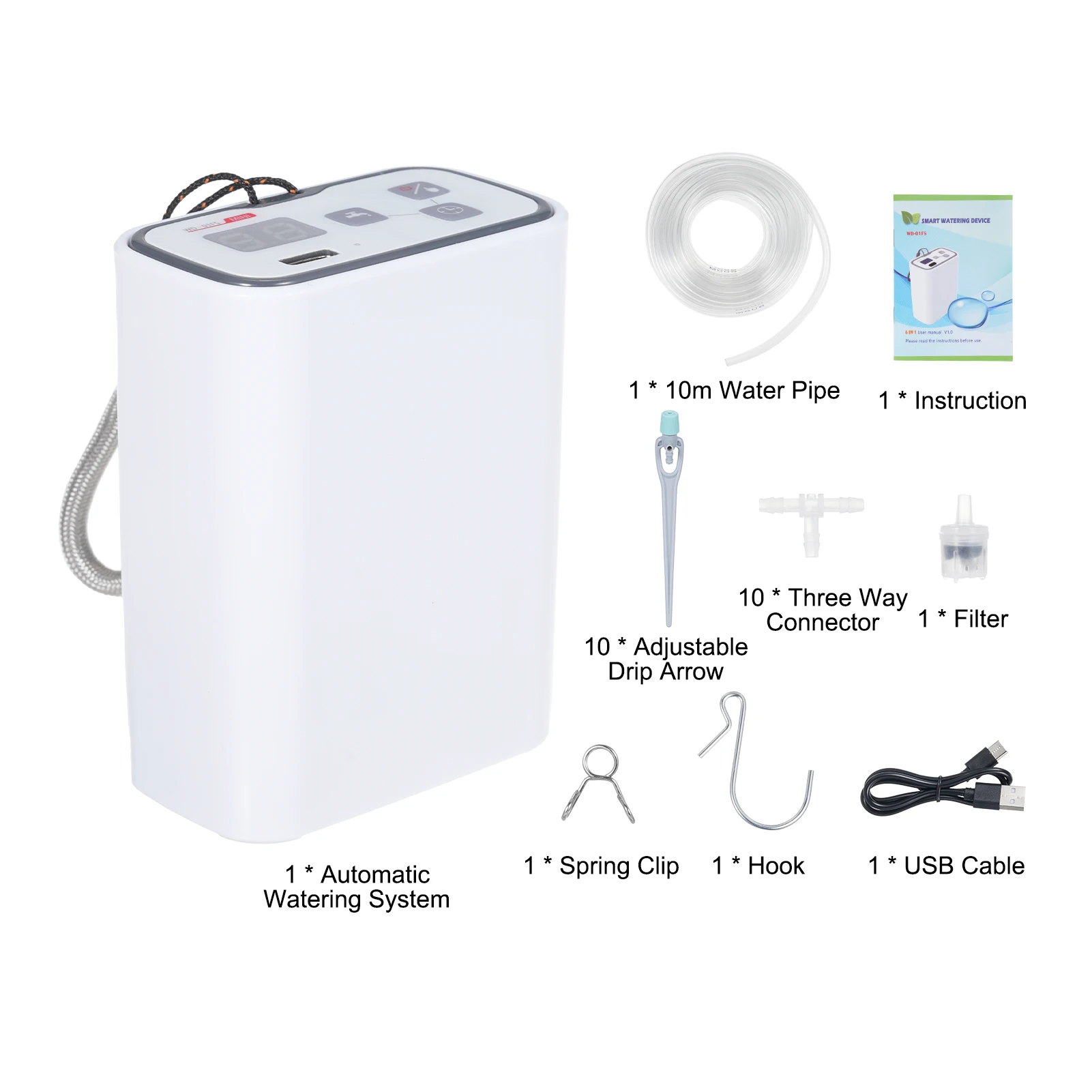 

Rechargeable Watering System Timed Watering Built-in Water Pump 100 Timed Combinations Three Way Connector Adjustable Drip Arrow