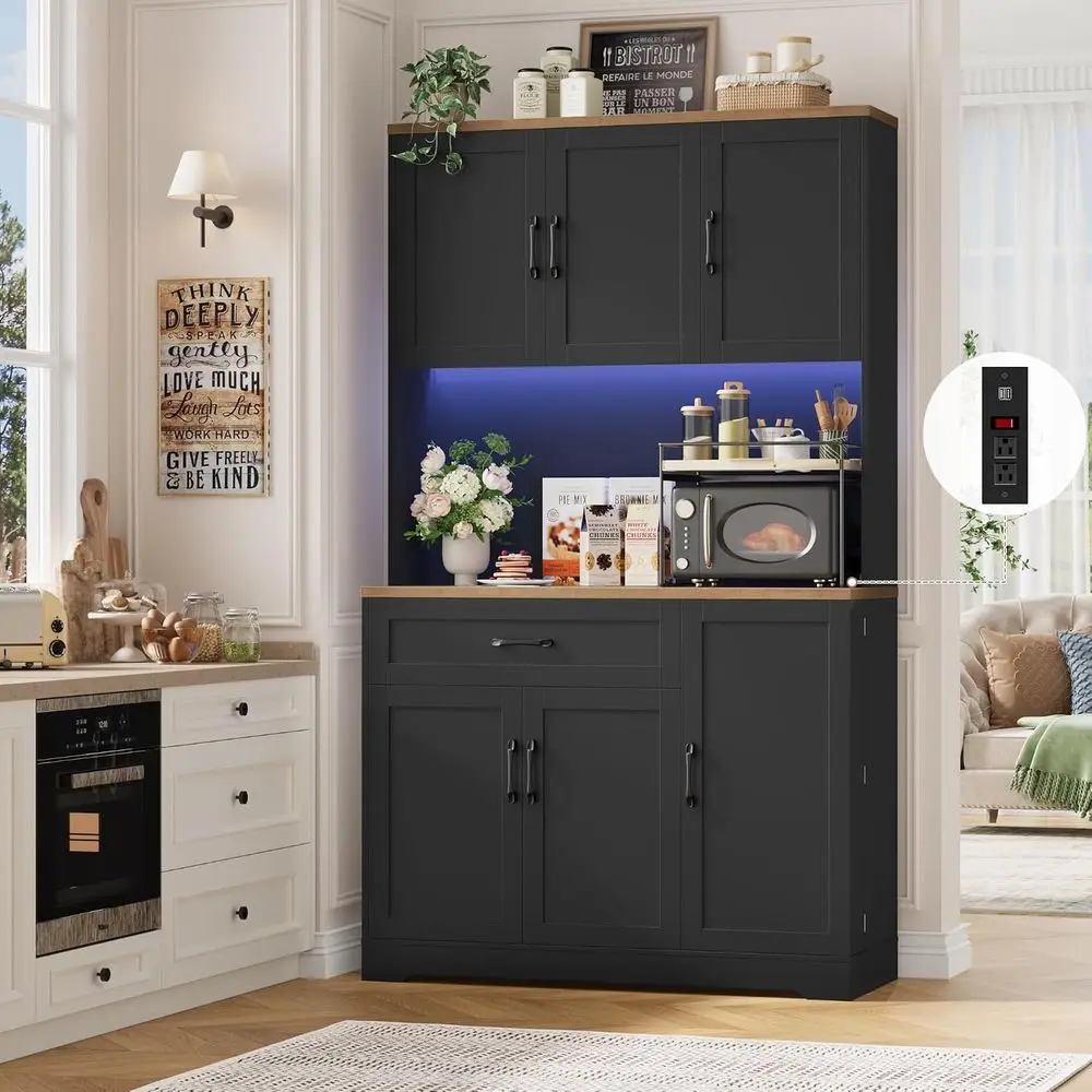 71 Tall Black LED Kitchen Pantry Cabinet with Power Outlet, Door Racks, Adjustable Shelves, and Countertop for Microwave