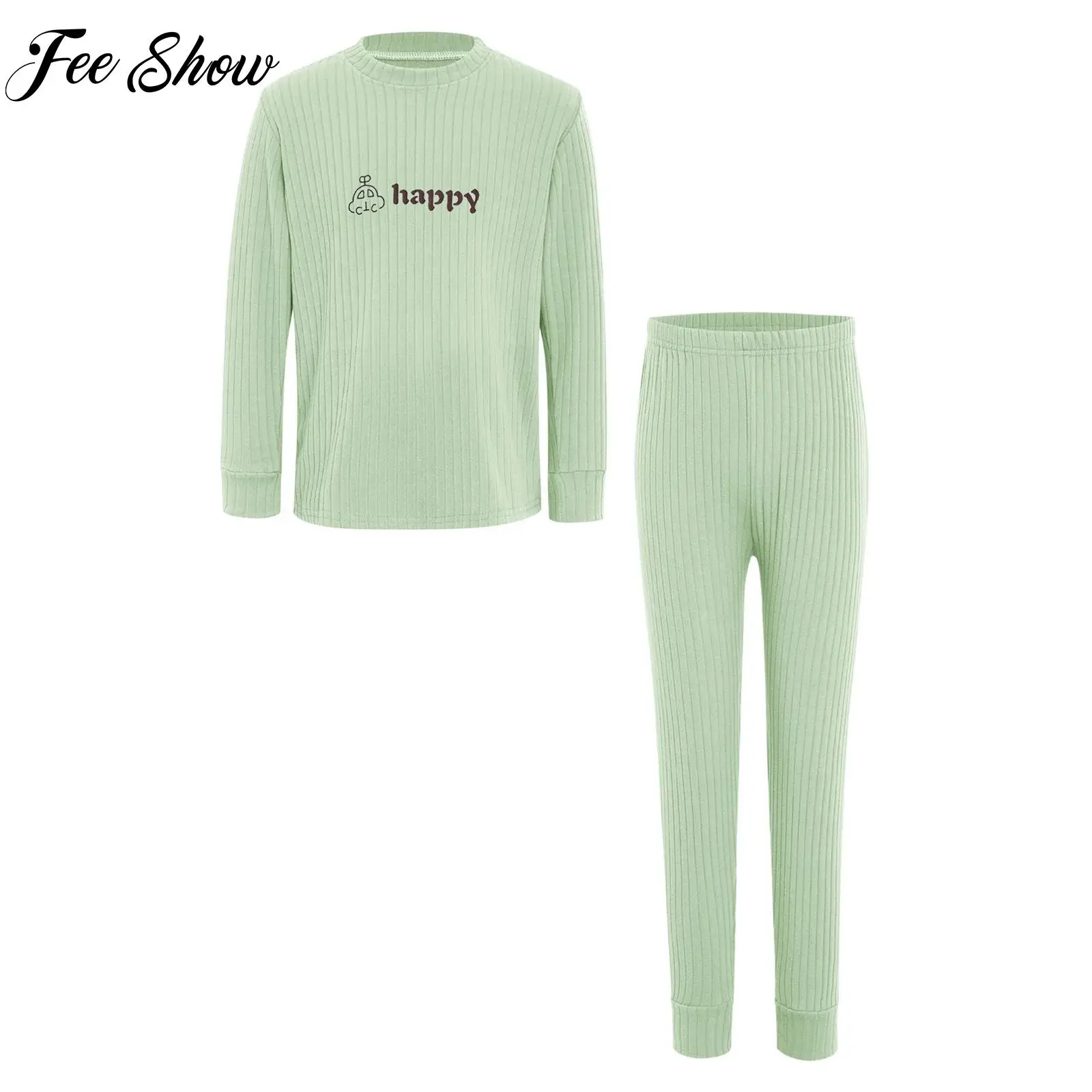 

Комплект термобелья в рубчик для девочек, домашняя одежда, домашняя одежда, одежда для сна, пуловер с длинными рукавами, топ + брюки, комплект для домашних школьных дней