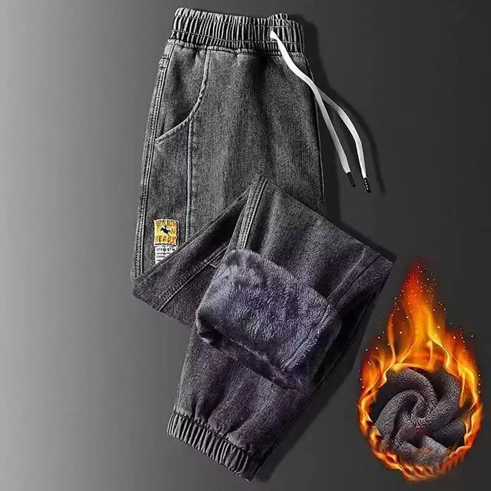 

Cold Weather Jeans Cozy Plush-lined Men's Jeans with Drawstring Waist Pockets for Autumn Winter Comfort Casual Loose Fit Male