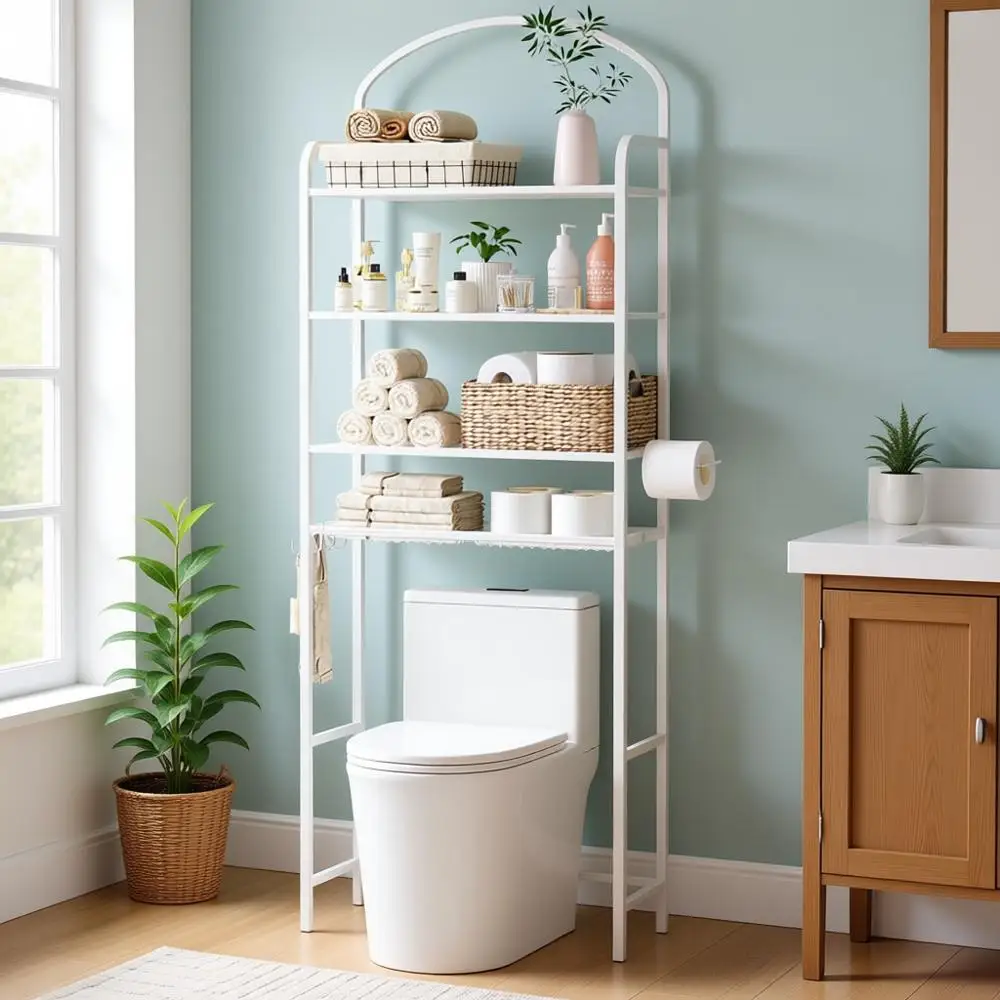 

4-ярусный металлический органайзер для ванной комнаты с крючками и держателем для бумаги, для хранения над унитазом, белый