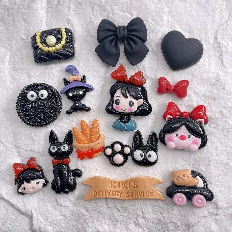 10Pcs Cartoon Little Witch Girl Cat Flatback Cabochon Scrapbooking Materials Dollhouse Miniatures Resin Decoration Accessories