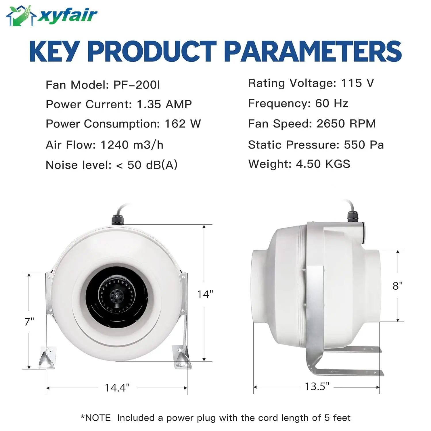 PF-200 de aire para sistema de ventilación, ventilador de conducto en línea de 8 pulgadas, resistente a la humedad, interior y exterior