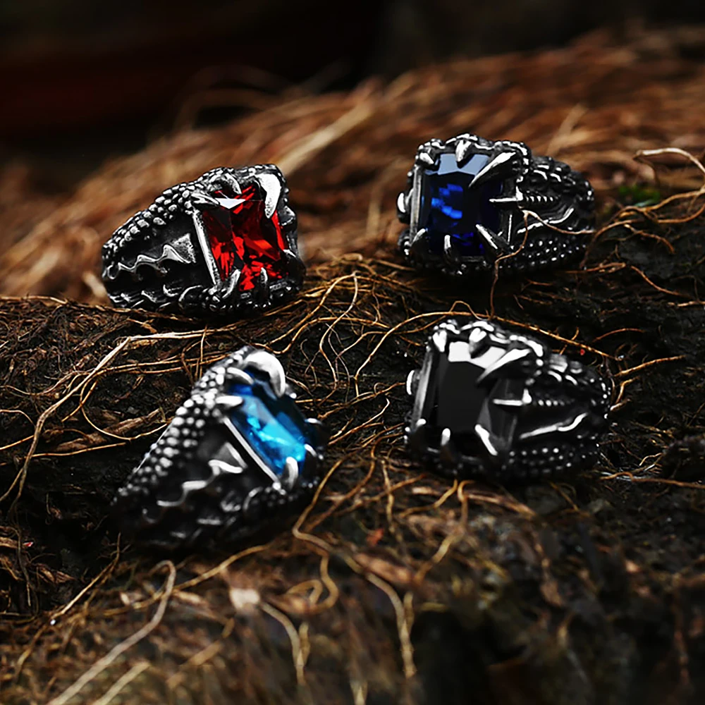 Punk Vintage Vikings Dragon Claw Ring 316L Stainless Steel Black Skull Claw Crystal Rings For Men Women Party Jewelry Wholesale